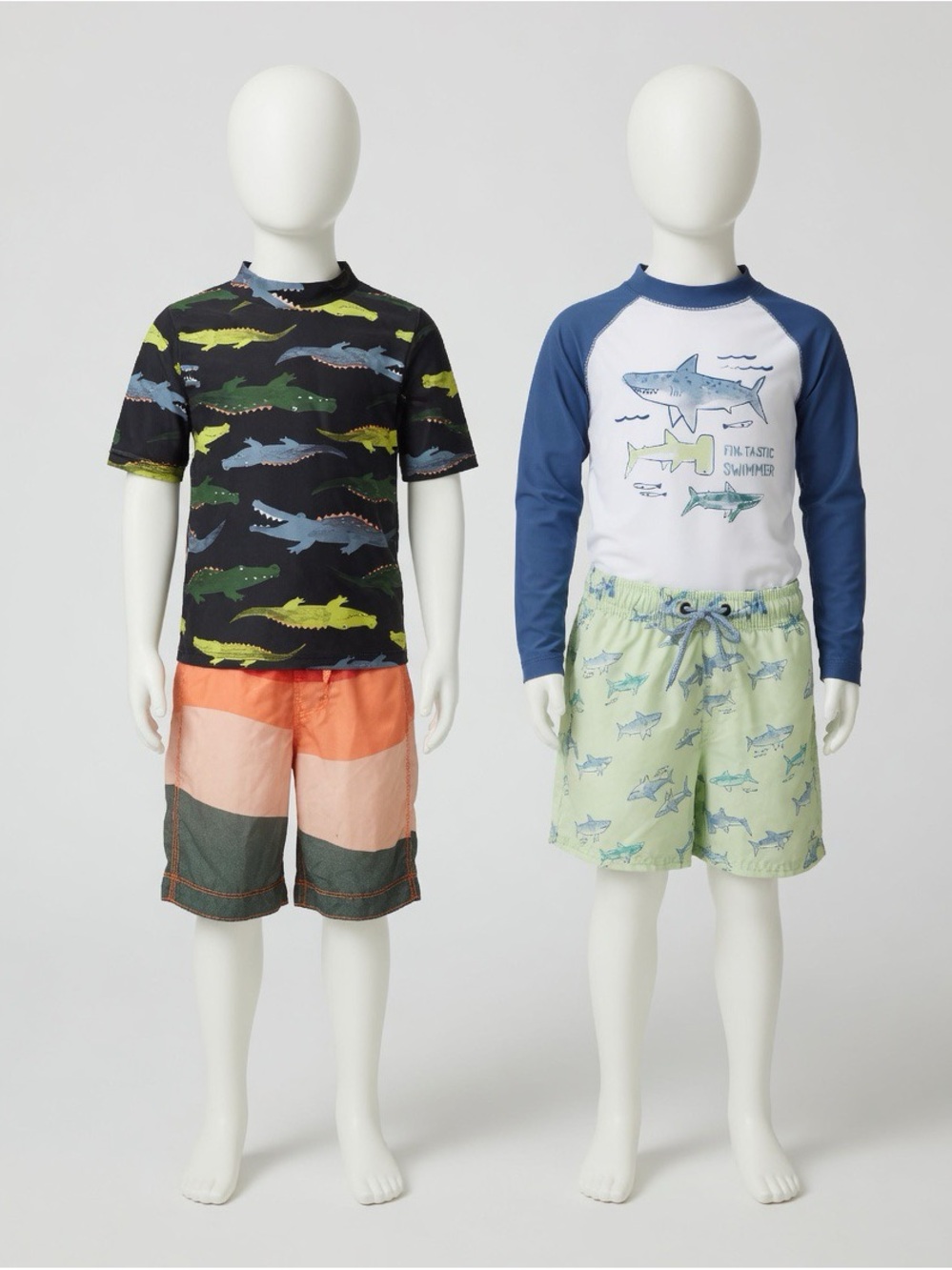 Kids Shark Print Rash Guard and Swim Shorts Set - Blue/Green